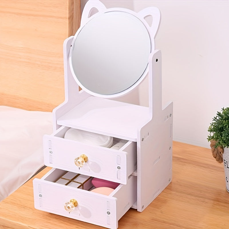 Make-up Spiegel met Lade – 360° Draaibaar, Cosmetica Opbergdoos Met Spiegel, Kattenoren Ontwerp