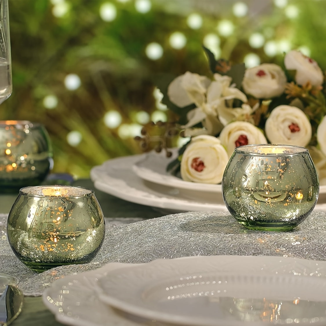 6/12 pieces Green Glass Tea Light Holders - Table Decoration for Parties