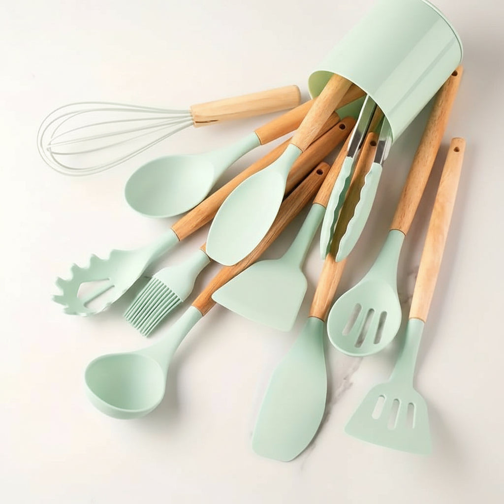 Kitchen Utensil Set Silicone Wooden Handles Heat Resistant
