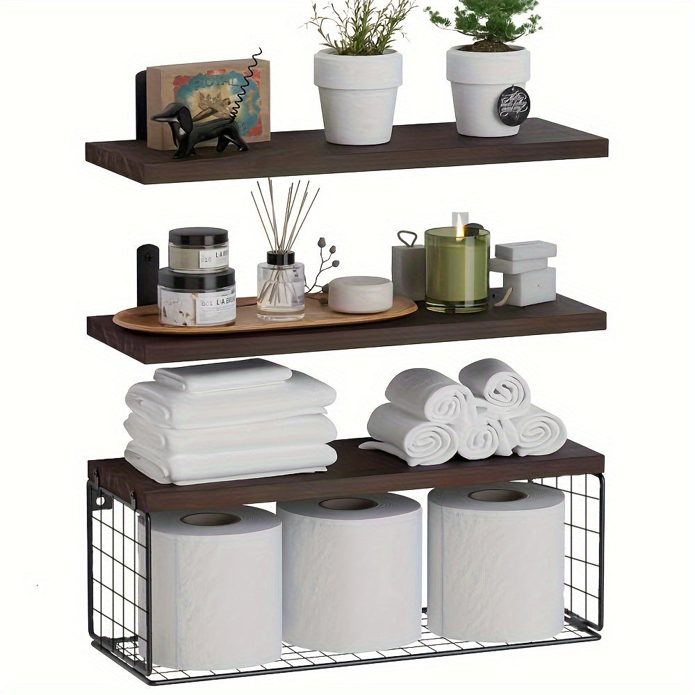 RusticWood - Wooden Floating Wall Shelf Set with Storage Basket