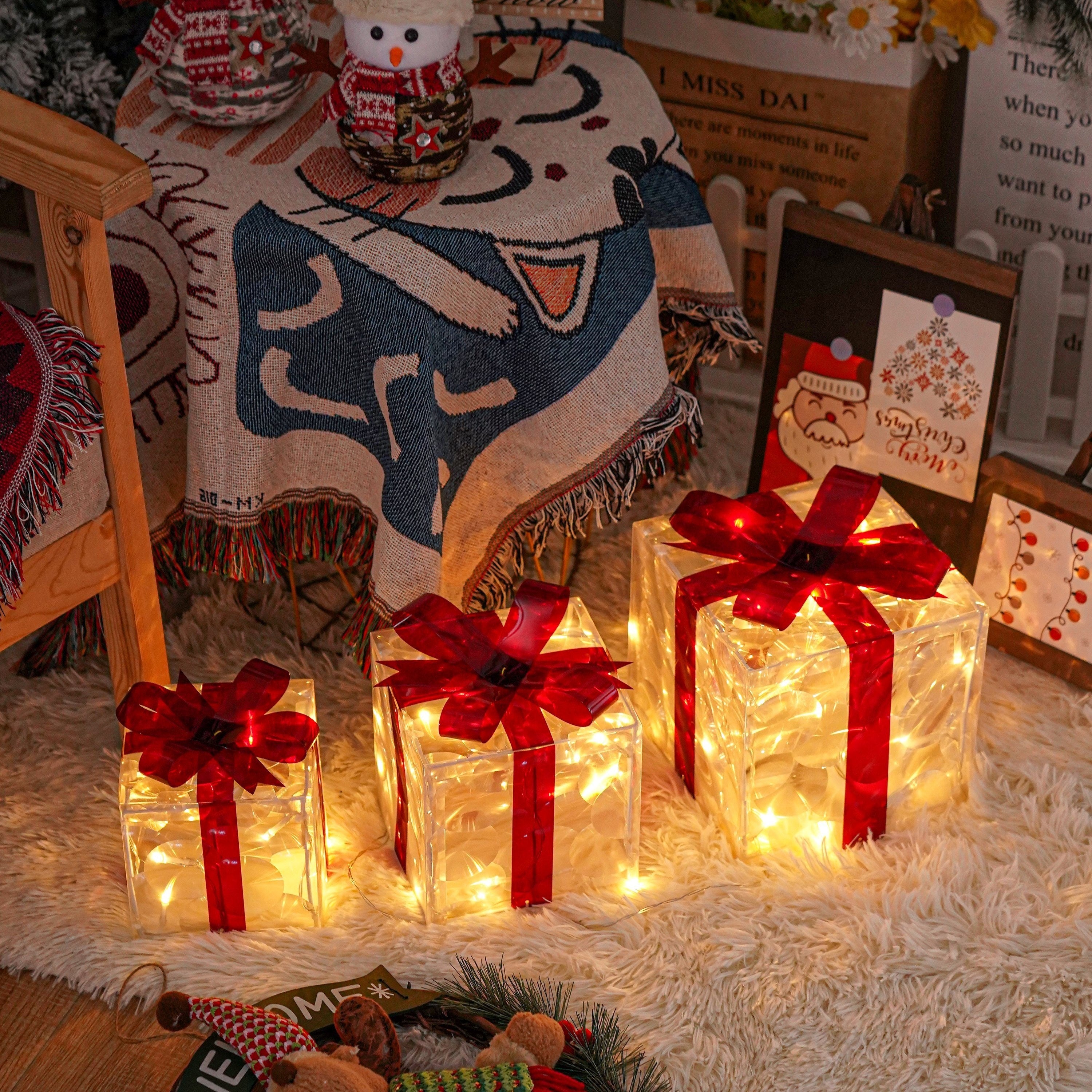 CadeauLicht - Set of 3 Lighted Christmas Gift Boxes with Red Bow