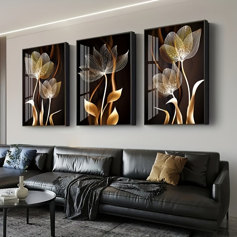 Pósters de Lienzo de Lujo de 3 Piezas - Obras de Arte de Flores Doradas, Decoración de Pared para Sala de Estar, Dormitorio, Oficina, Pasillo y Cocina, Sin Marco