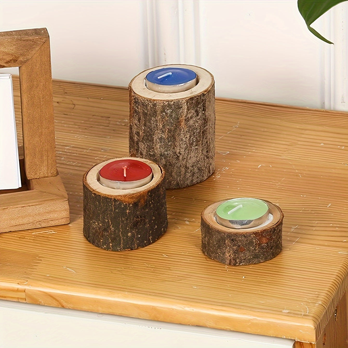 Set di 3 Portacandele in Corteccia Rustica – Decorazione da Tavolo in Legno per Natale e Festività