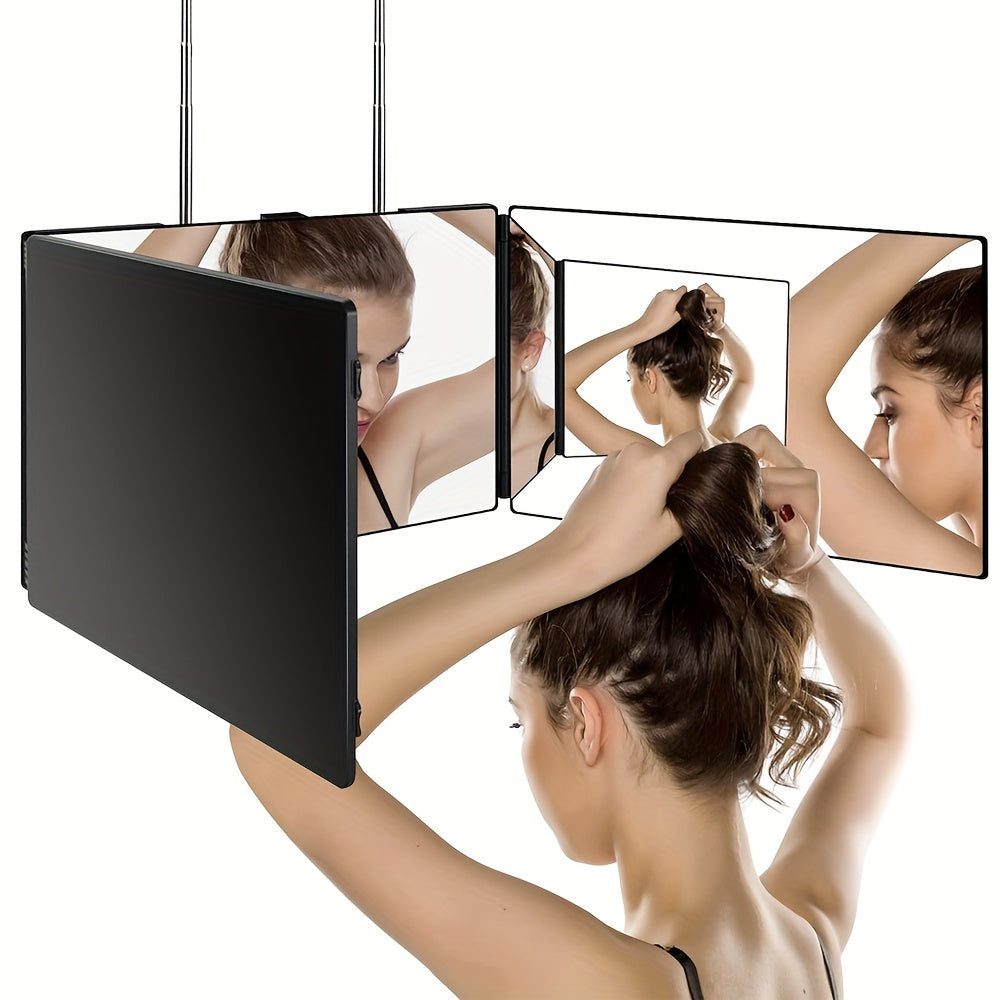 3-sided Mirror for Hair Cutting – 360° Trifold LED Makeup Mirror with Adjustable Height, Portable for Travel