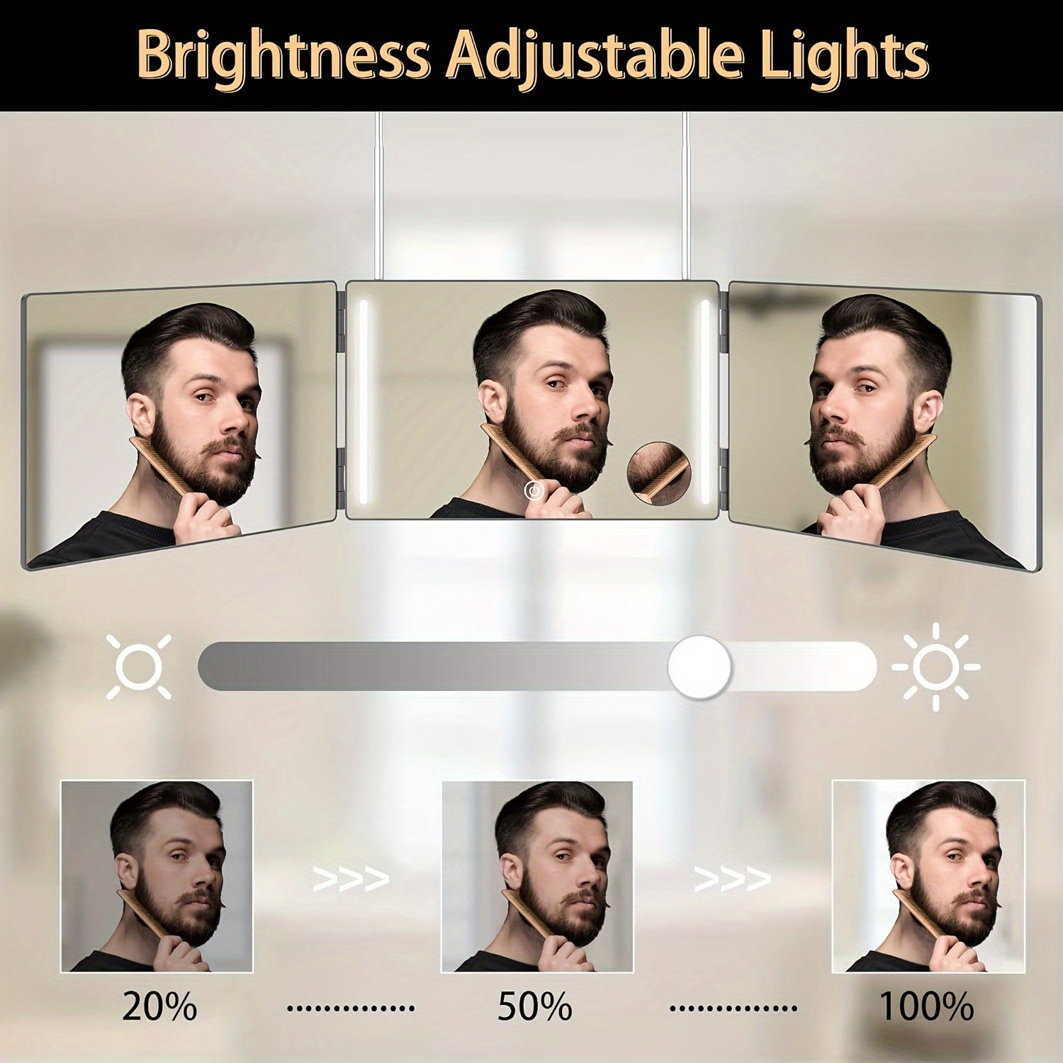 3-sided Mirror for Hair Cutting – 360° Trifold LED Makeup Mirror with Adjustable Height, Portable for Travel