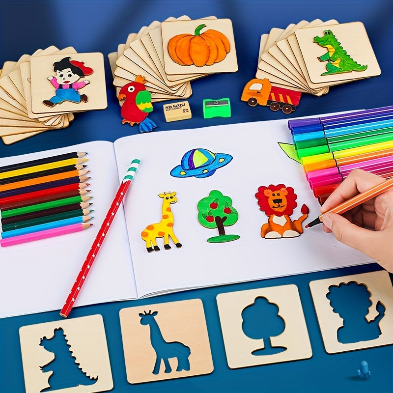 20-piece Montessori Drawing Toy Set - Wooden DIY Painting Stencils Educational Learning Toy