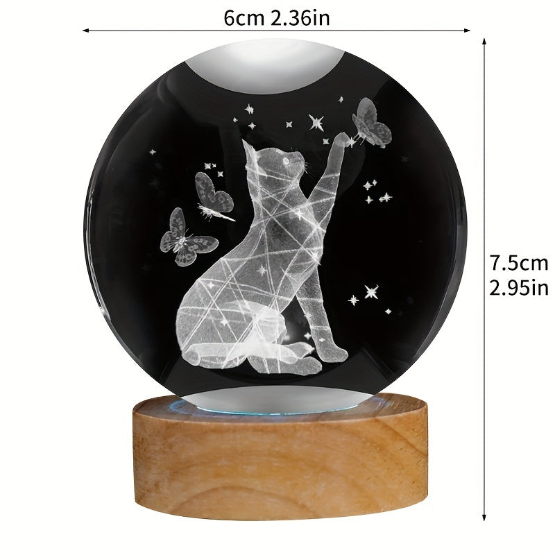CrystalGlow - Lâmpada Noturna 3D de Gato e Borboleta em Cristal com Base de Madeira