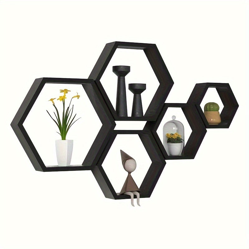 HexaWood - Set of 3 Hexagonal Wooden Floating Shelves for Living and Workspace