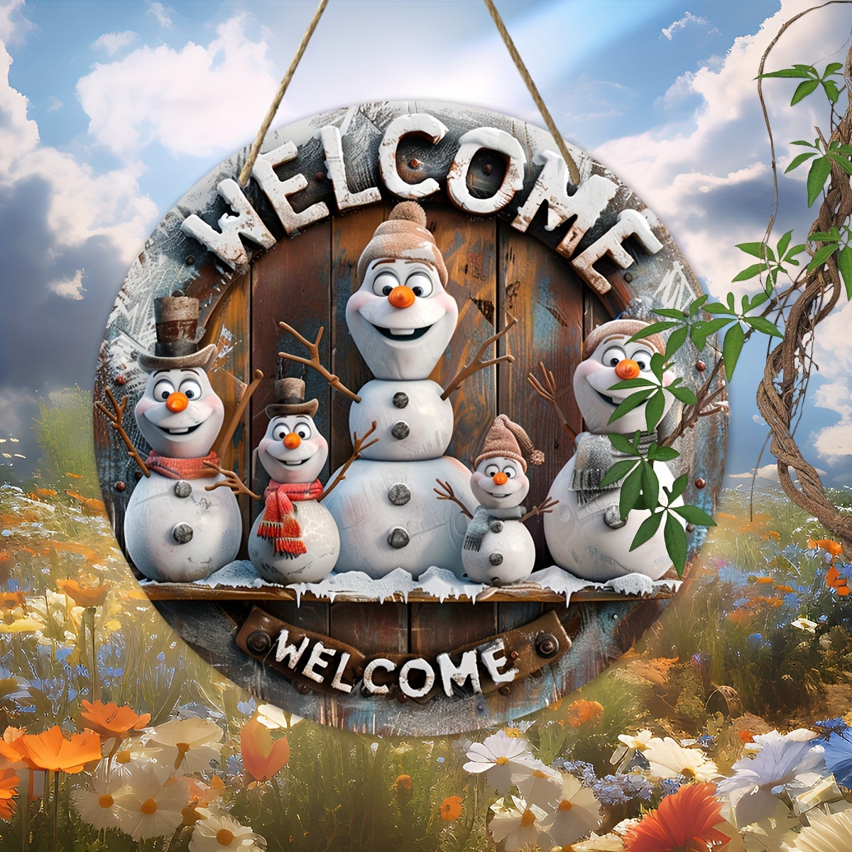 Welcome Sign - Wooden Christmas Decoration Vintage Snowman