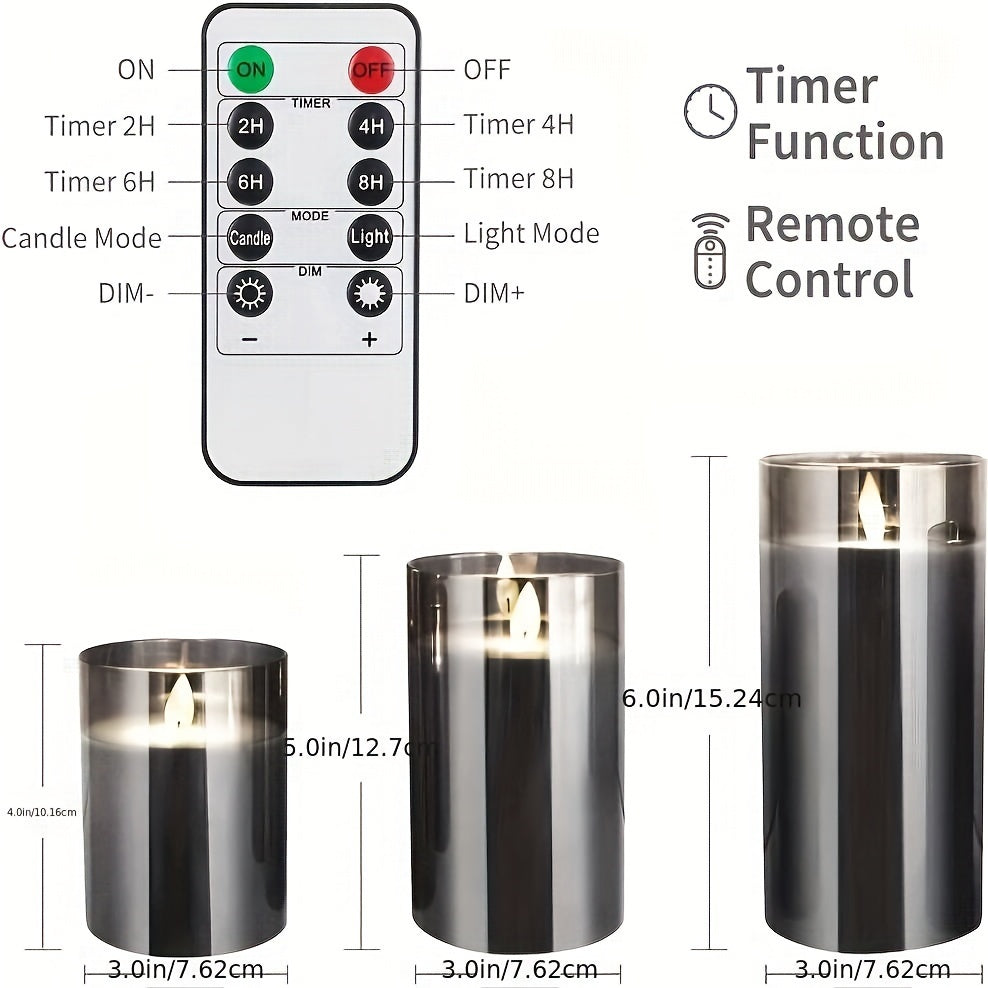 3pcs LED Fireless Candles, Battery Operated Flickering Pillar Candles, Real Wax Moving Flame Electric Candle Set, Gray Glass Effect with Remote Control Timer, 10.16 cm, 12.7 cm, 15.24 cm, 3 Gray Packaging