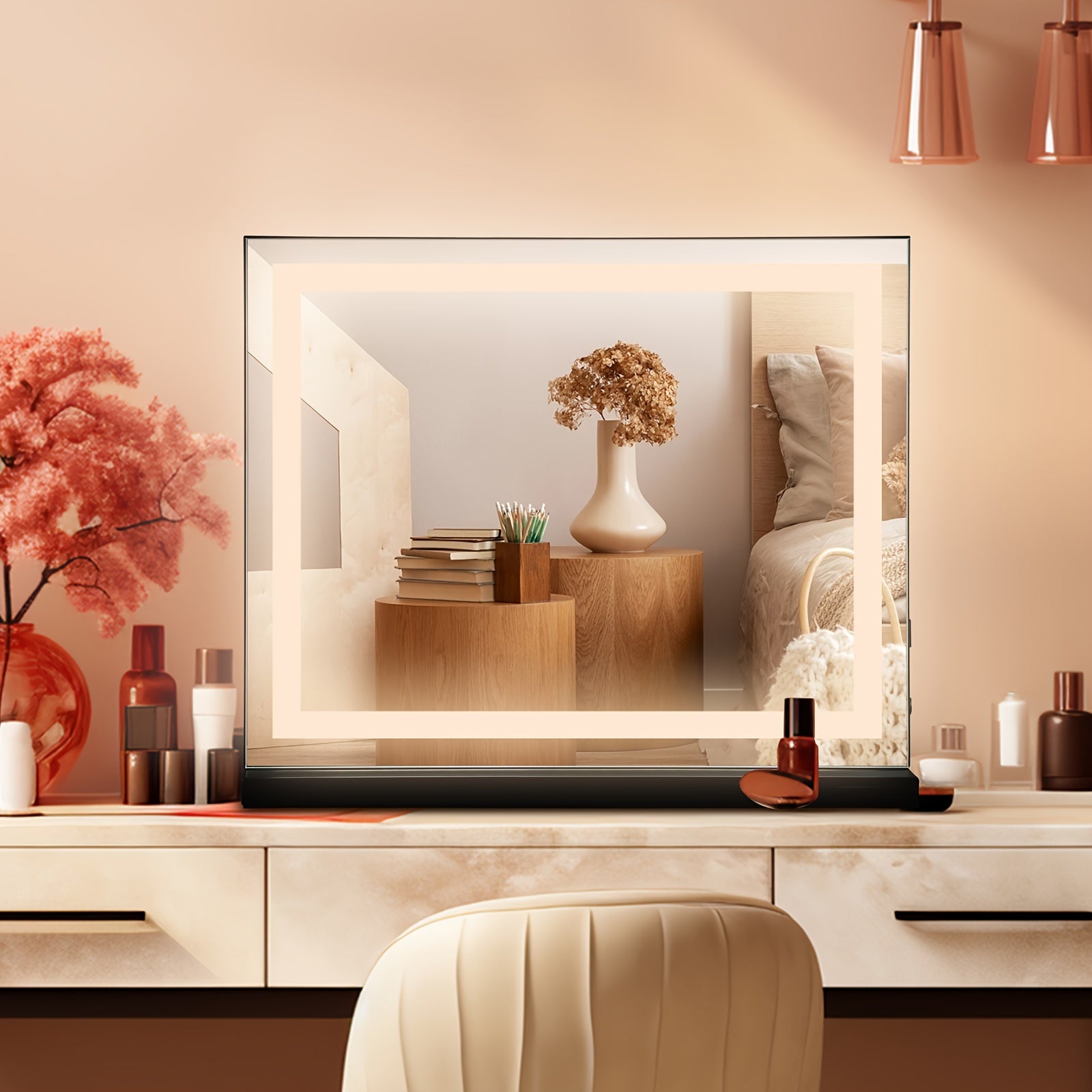 Specchio per trucco LED – Striscia luminosa orizzontale, controllo touch intelligente, alimentato via USB, specchio portatile luminoso