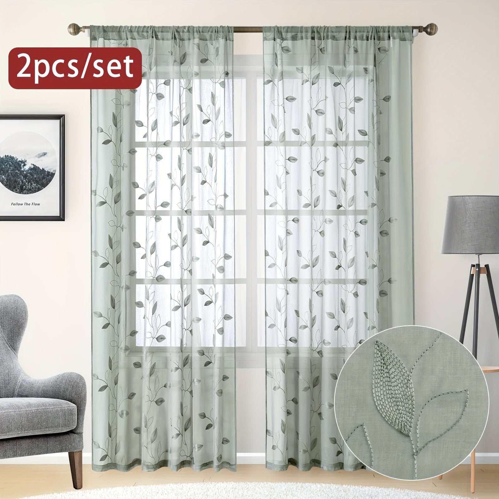 Cortinas bordadas com folhas - 2 peças semi-transparentes para quarto e sala de estar