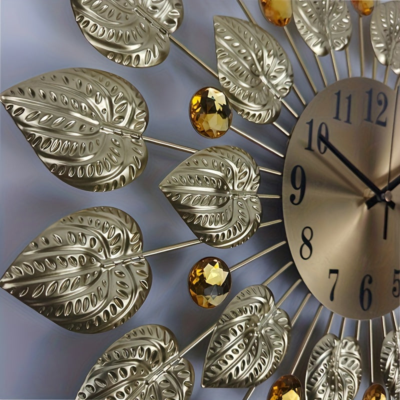 Reloj de pared moderno y silencioso con diseño de hojas doradas – Metal, reloj redondo, batería AA, sin tic-tac para sala de estar y comedor