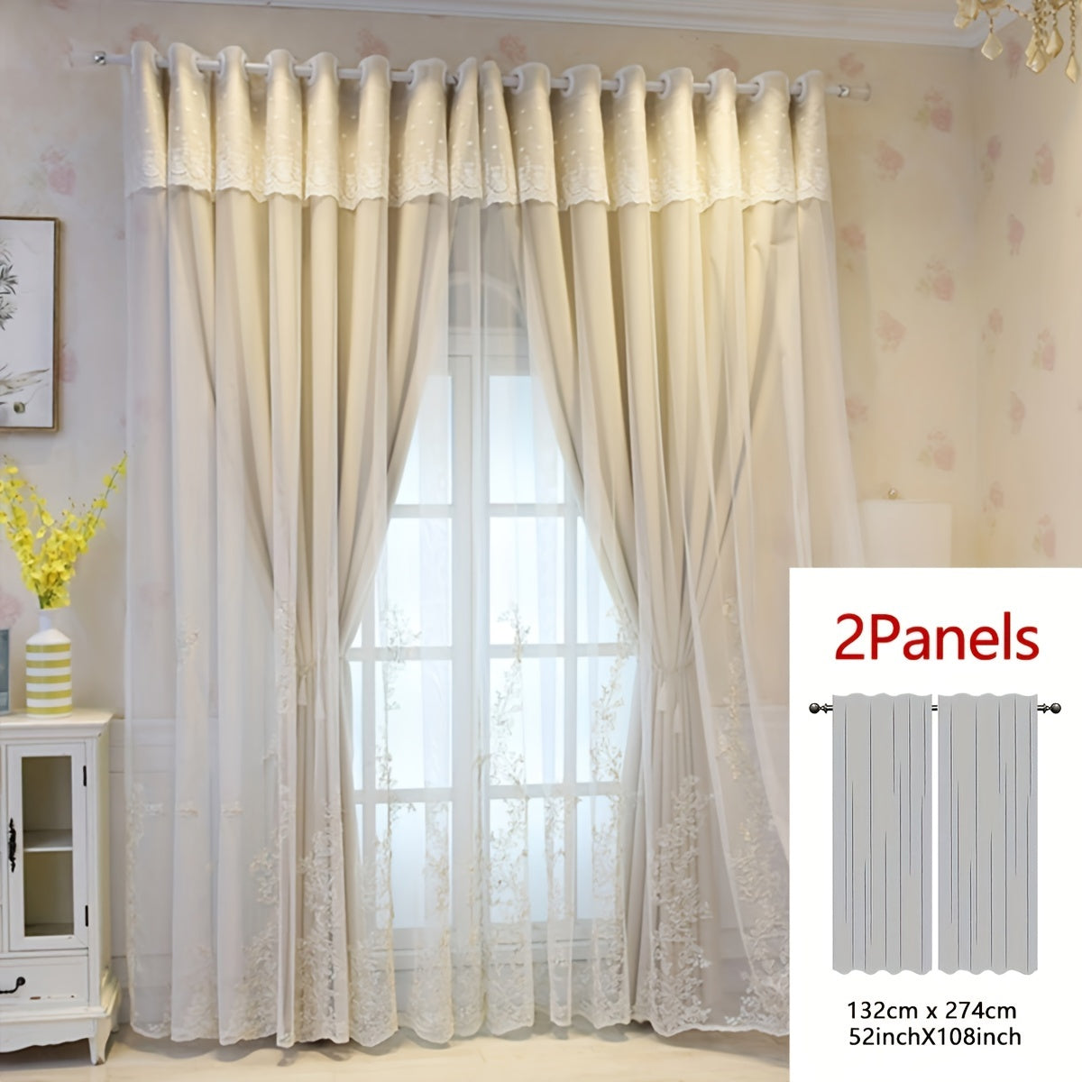 2 Piezas Cortinas Bordadas de Hada Elfo - Paneles de Cortina Translúcidos con Tela Integrada y Anillas