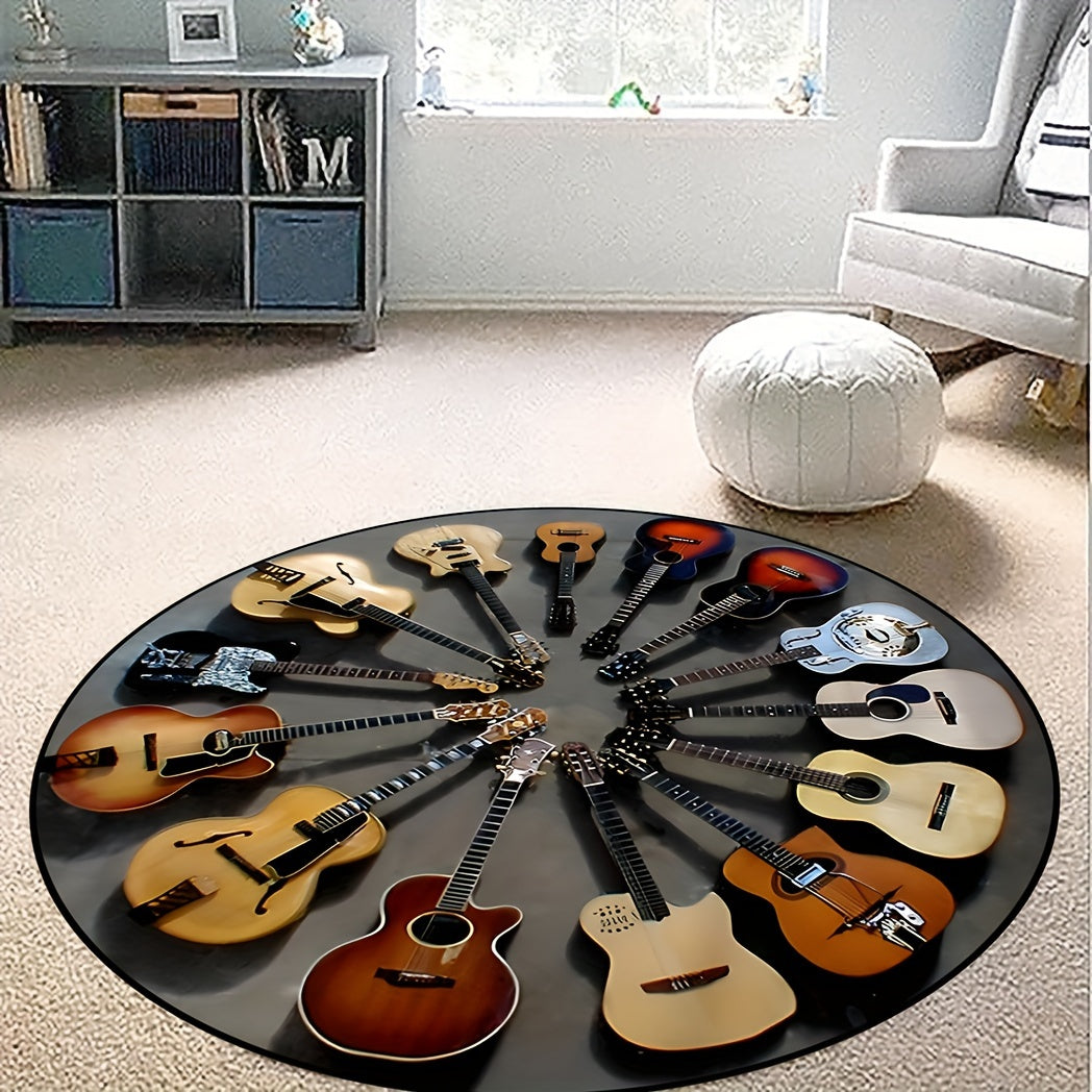 Tappeto Rotondo a Motivo Chitarra - Antiscivolo, Perfetto per Soggiorno e Camera da Letto, Ideale come Regalo