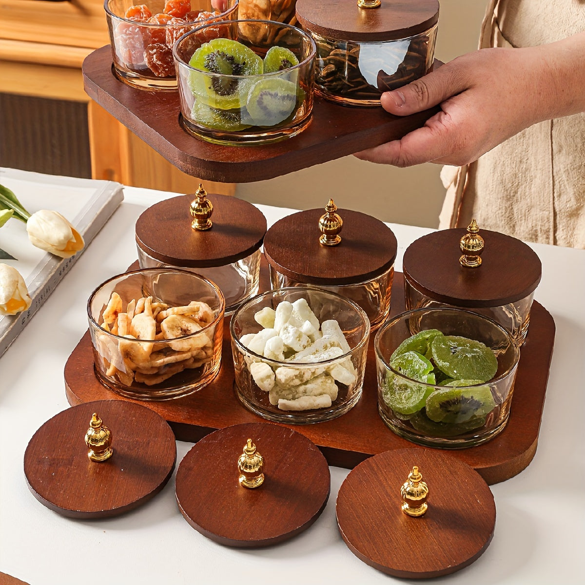 GlassSet - Luxury Glass Snack Bowls with Acacia Wood Tray