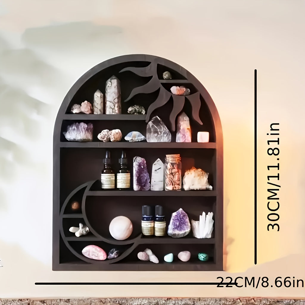 Bohemian Moon & Sun Wooden Wall Shelf - Decorative Crystal Holder