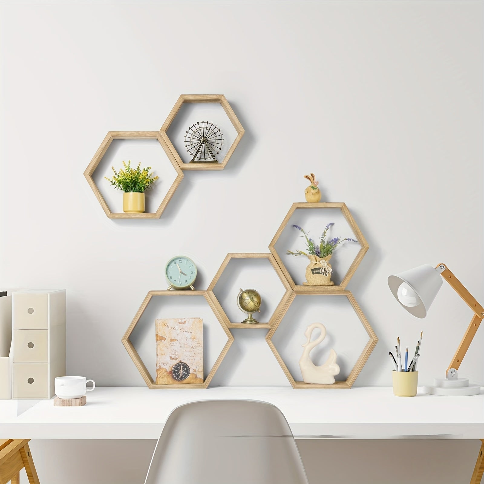 HexaWood - 3 Pieces Wooden Hexagonal Floating Wall Shelves for Kitchen, Living Room & Bedroom
