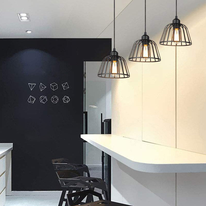 Lampadario Retro in Stile Industriale a LED in Piccola Gabbia di Ferro Nera 1/3-Lights