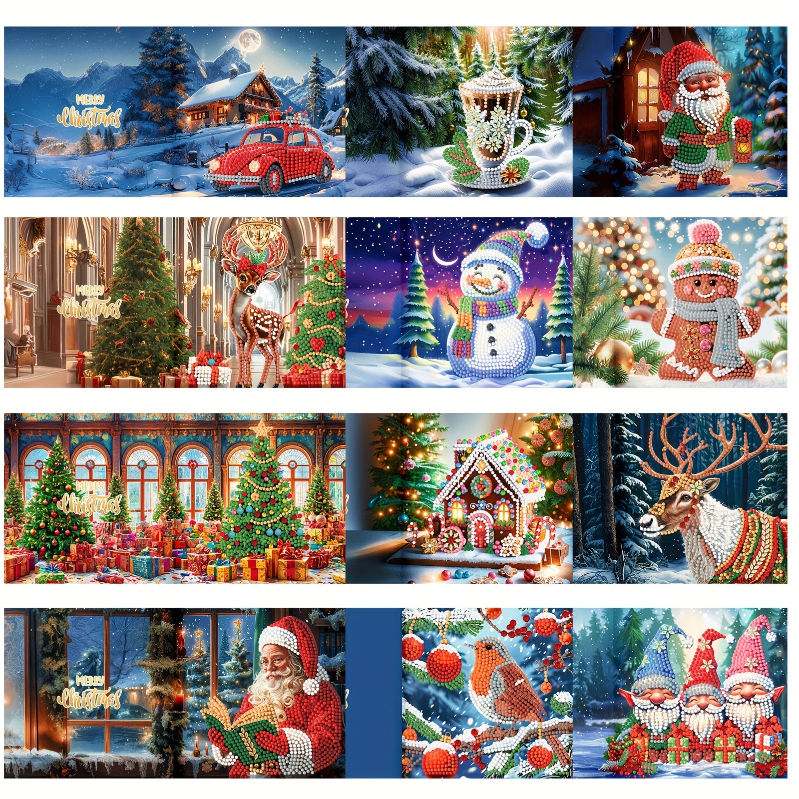 Kit de 12 cartões de Natal para pintura com diamantes faça você mesmo - Desenhos de Pai Natal e Animais, Cartões festivos para votos de Natal e favoritos da festa
