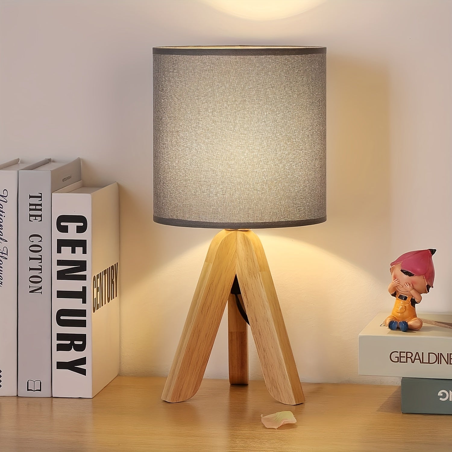 DriepootLicht - Lámpara de mesa de madera con pantalla de lino, 220V-240V, enchufe europeo