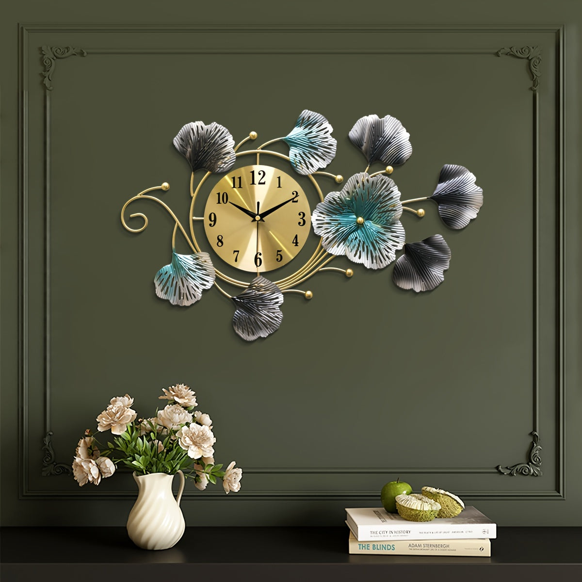 Reloj de Pared Metálico con Forma de Hoja - Mecanismo Silencioso, Batería AA, Diseño Moderno Minimalista