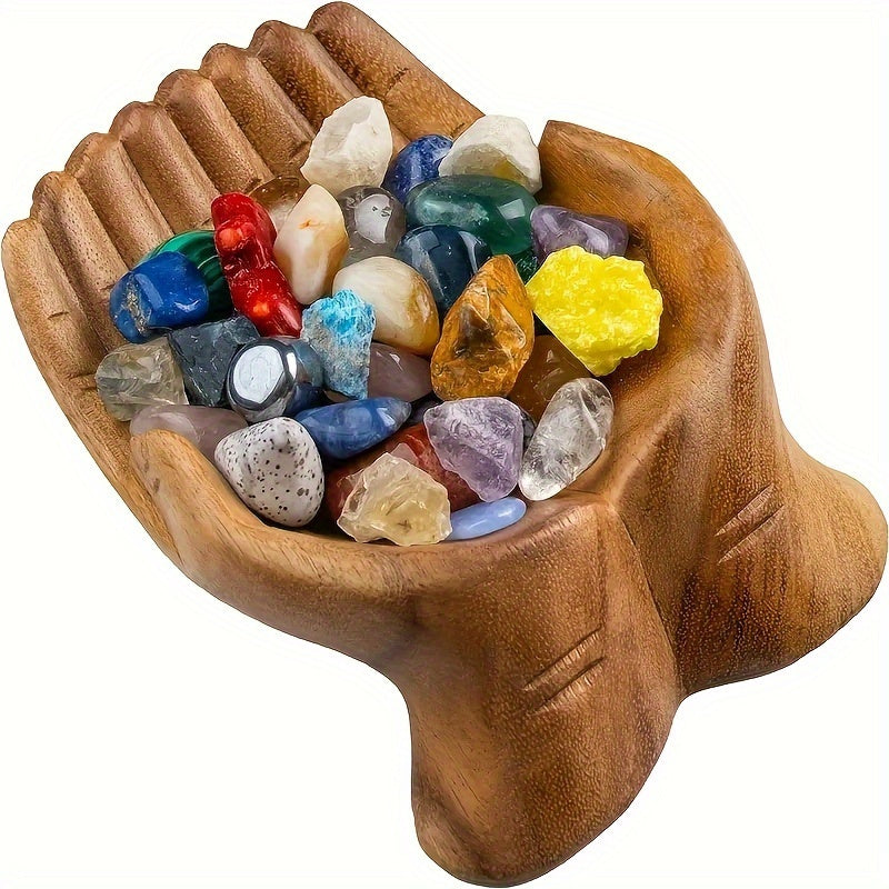 CrystalWood - Wooden Hand Bowl with Crystal Accents for Dresser Organization