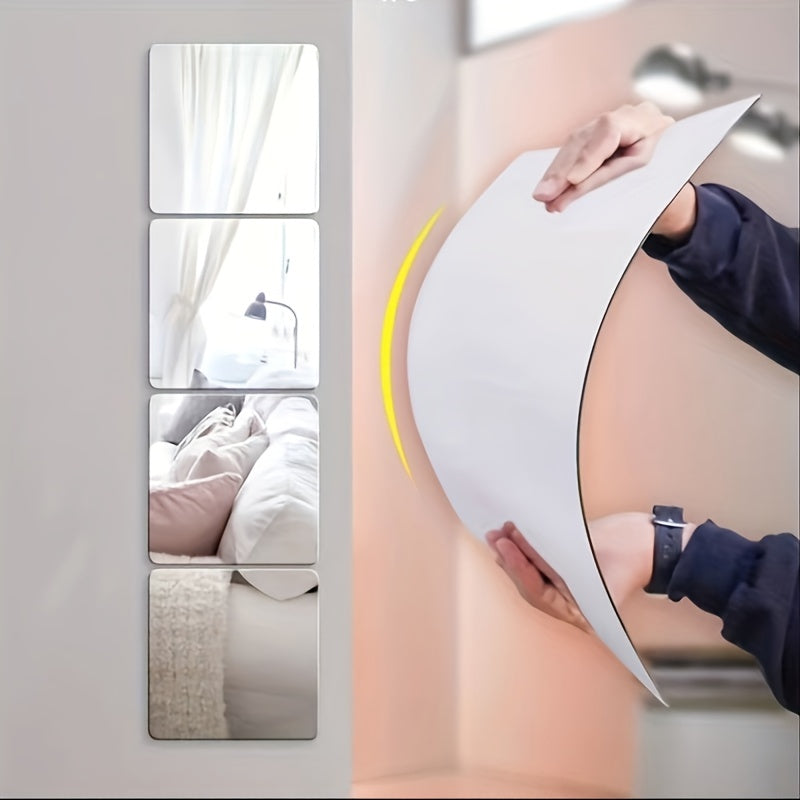 Juego de 4 piezas de espejos acrílicos - Resistente a roturas, espejo completo para montaje en pared, cuadrado