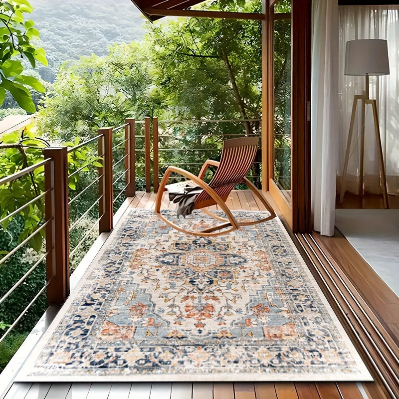 Vintage Bohemian Outdoor Rug - 850g/0.8cm Thick, Water Resistant, Non-Slip Washable Carpet for Terrace, Patio, Veranda, Machine Washable
