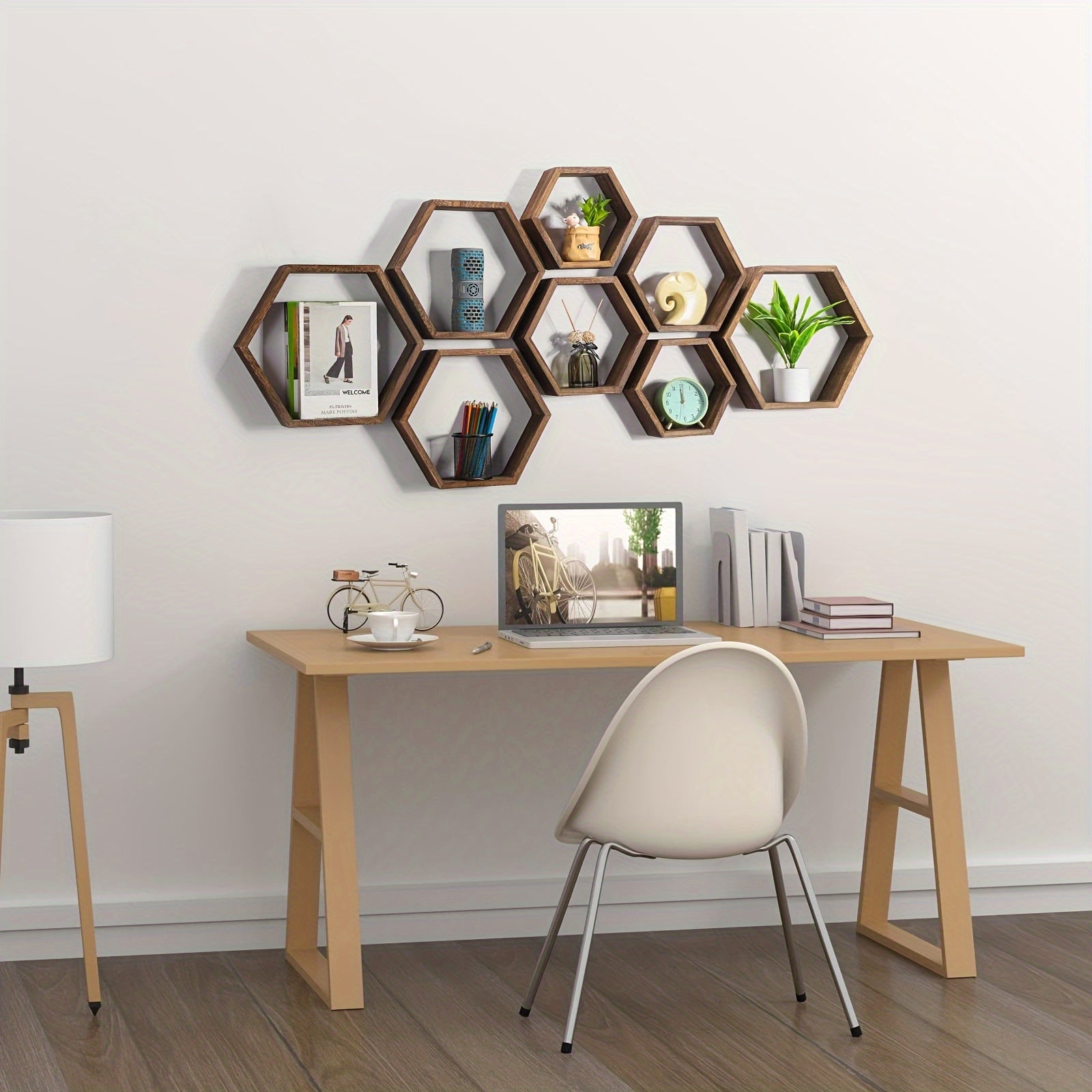 HexaWood - 3 Pieces Wooden Hexagonal Floating Wall Shelves for Kitchen, Living Room & Bedroom