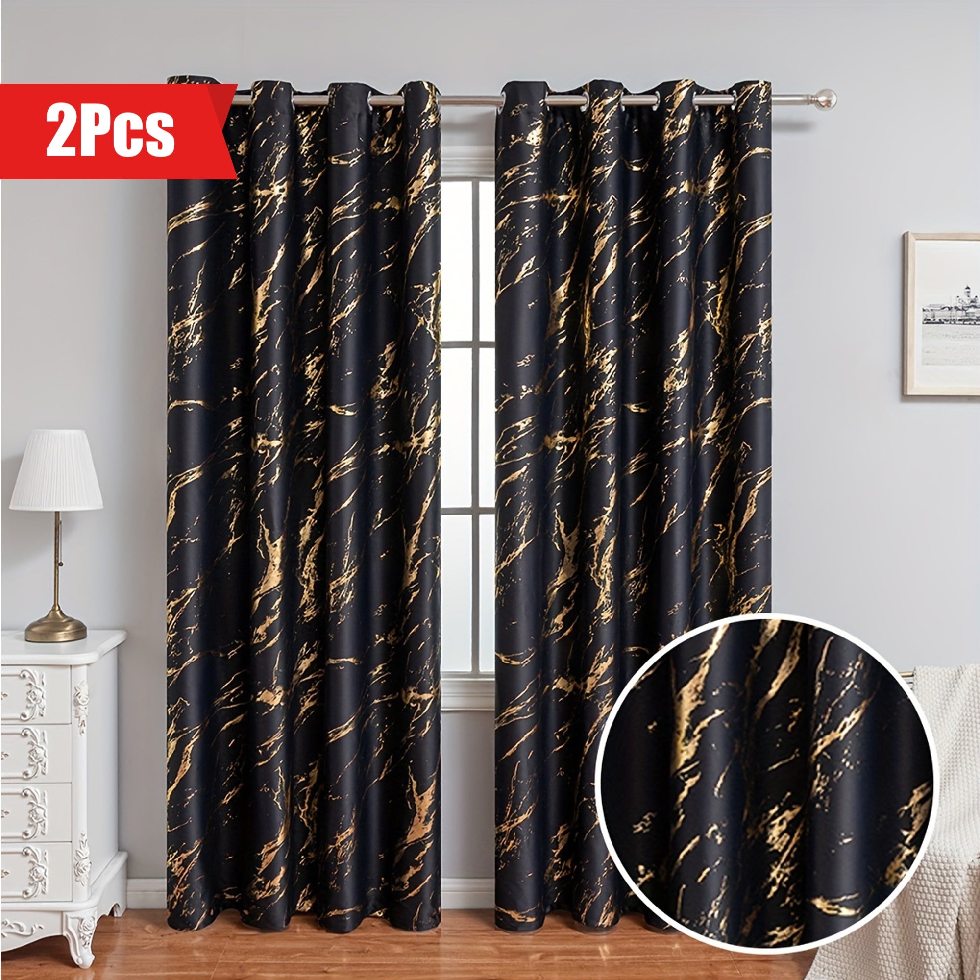 2 Peças Cortinados Opacos com Estampa de Mármore Bronzeado - Proteção Solar para Sala de Estar e Quarto