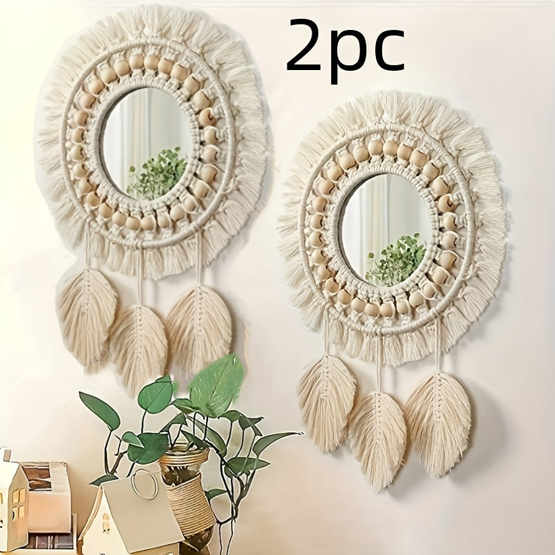 Specchi da parete in rattan intrecciato a mano stile boho chic con frange a foglia – Senza cornice e finitura lucida