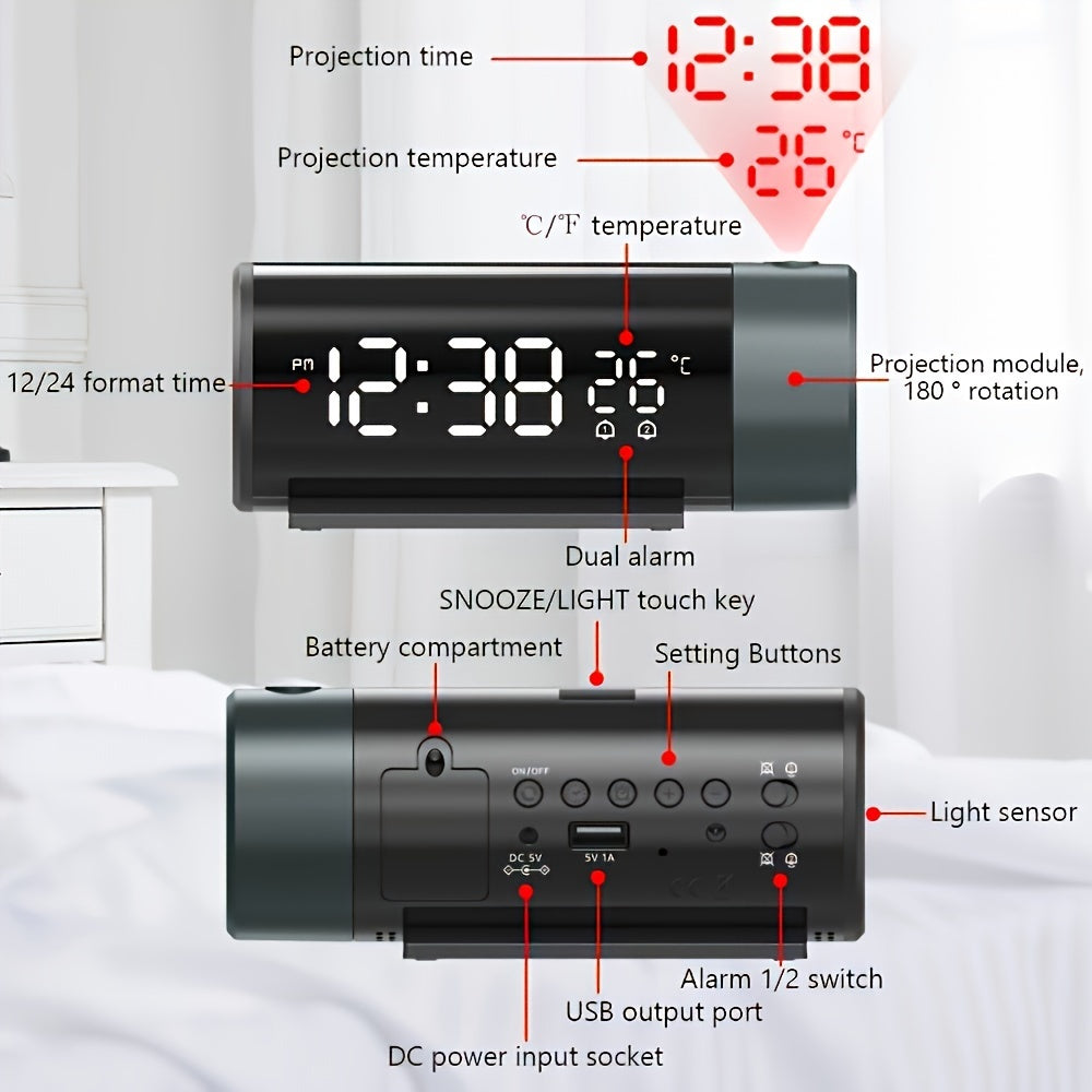 ProjectElite - Modern Black Projection Alarm Clock with Dual Time and Temperature Display