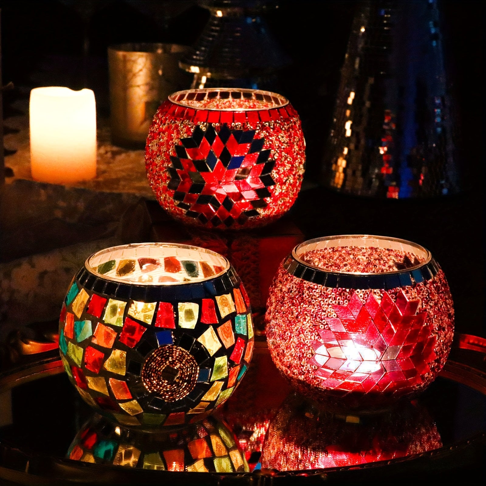 Set di Portacandele in Mosaico 3 Pezzi - Candelabri Unici Fatti a Mano