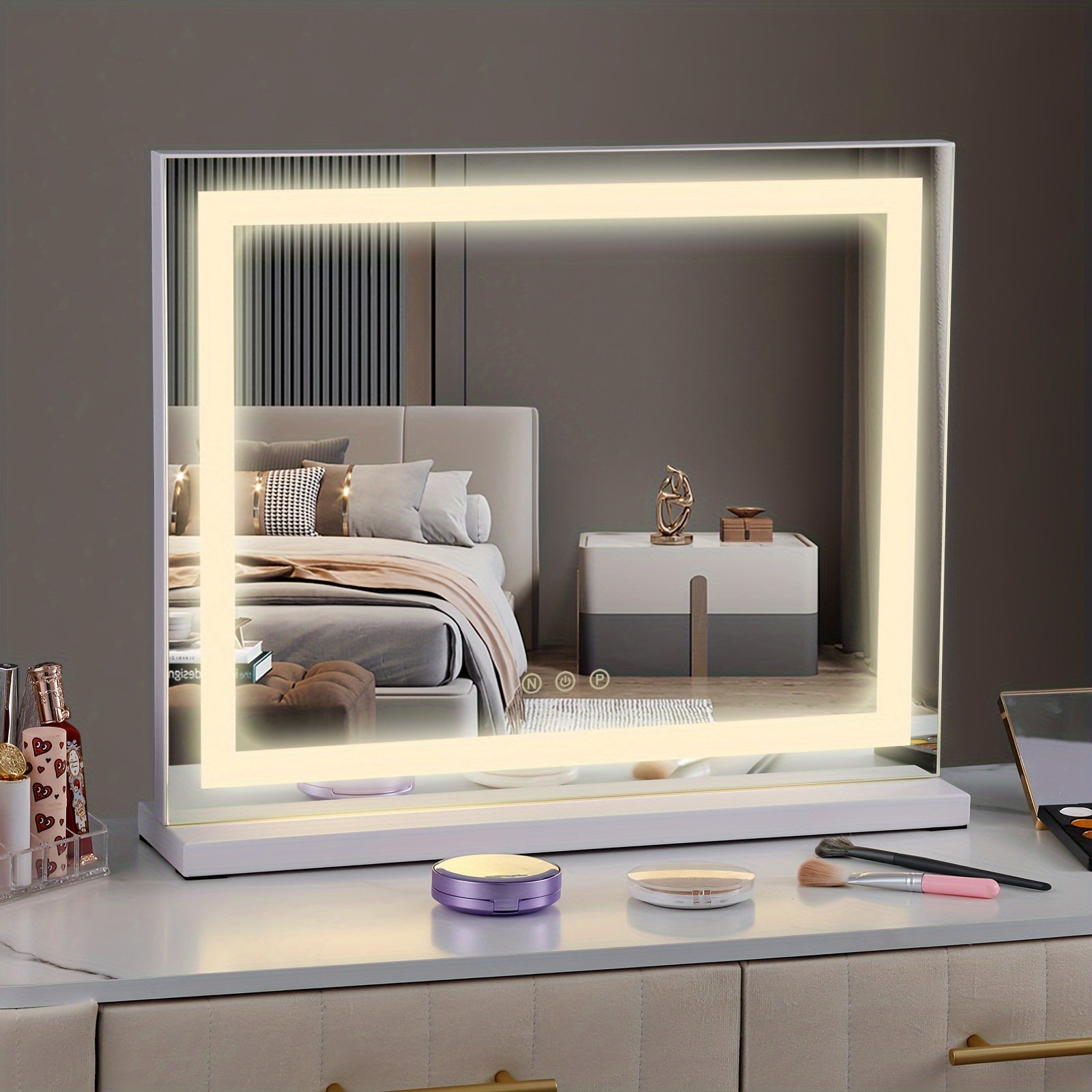 Specchio per trucco LED – Striscia luminosa orizzontale, controllo touch intelligente, alimentato via USB, specchio portatile luminoso