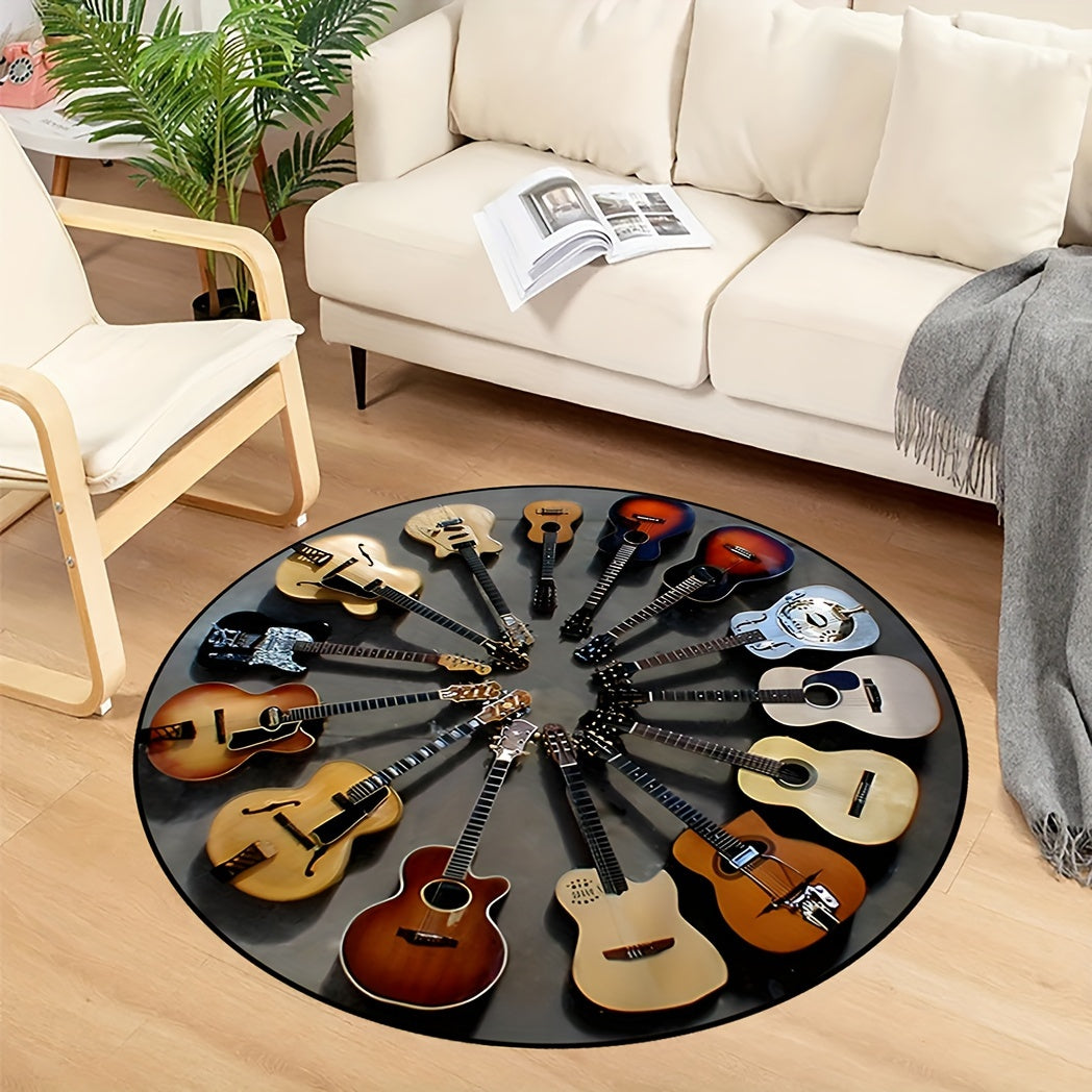 Tappeto Rotondo a Motivo Chitarra - Antiscivolo, Perfetto per Soggiorno e Camera da Letto, Ideale come Regalo