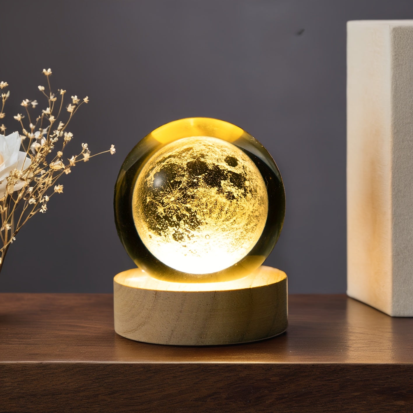 MoonCrystal - Lámpara de Bola de Cristal Lunar con Base de Madera