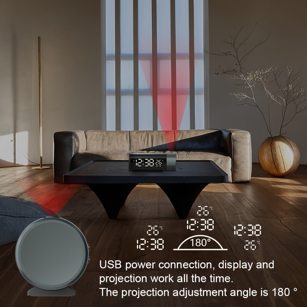 ProjectElite - Modern Black Projection Alarm Clock with Dual Time and Temperature Display