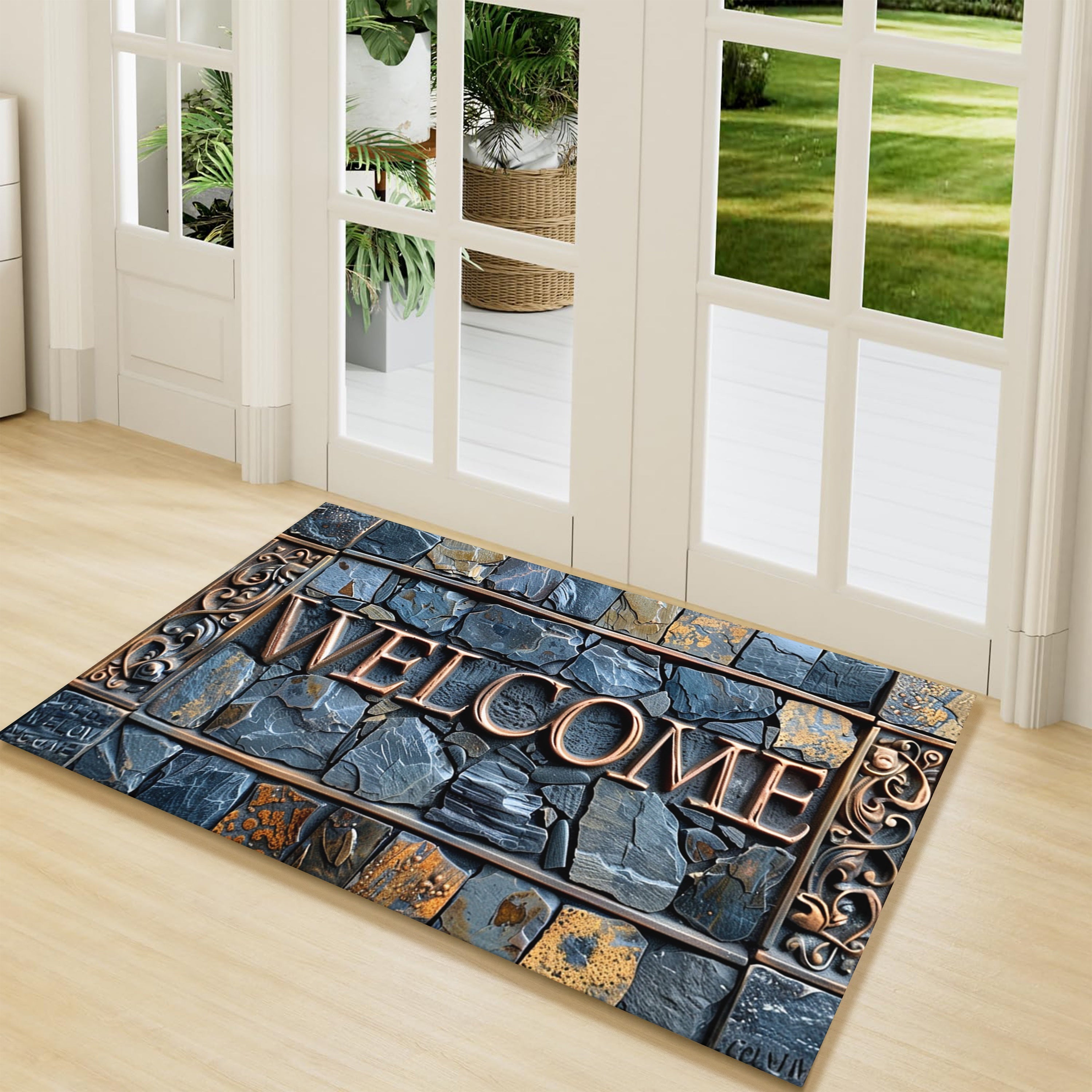 Welcome 3D Tappeto di Pietra – Antiscivolo, Impermeabile e Lavabile – Per Interni ed Esterni