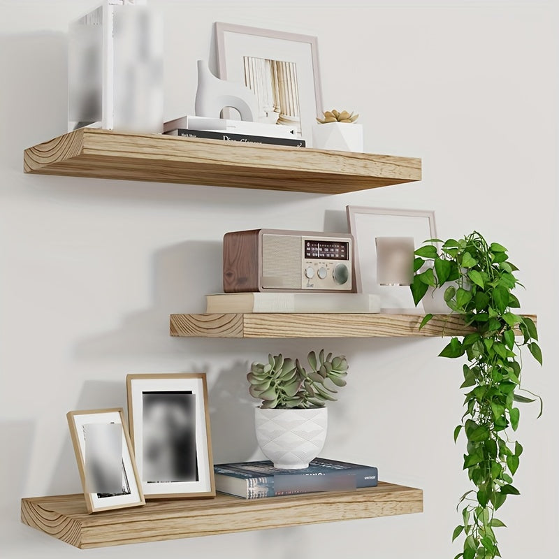 RusticFloat - Set of 3 Rustic Wooden Floating Shelves with Invisible Brackets