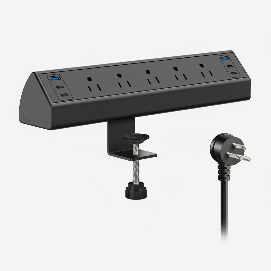 Abrazadera de escritorio con regleta y puertos USB-C y USB-A para carga rápida