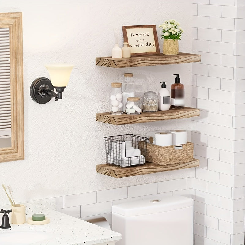 RusticFloat - Set of 3 Rustic Wooden Floating Shelves with Invisible Brackets