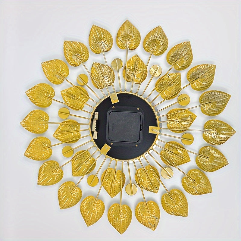 Reloj de pared moderno y silencioso con diseño de hojas doradas – Metal, reloj redondo, batería AA, sin tic-tac para sala de estar y comedor