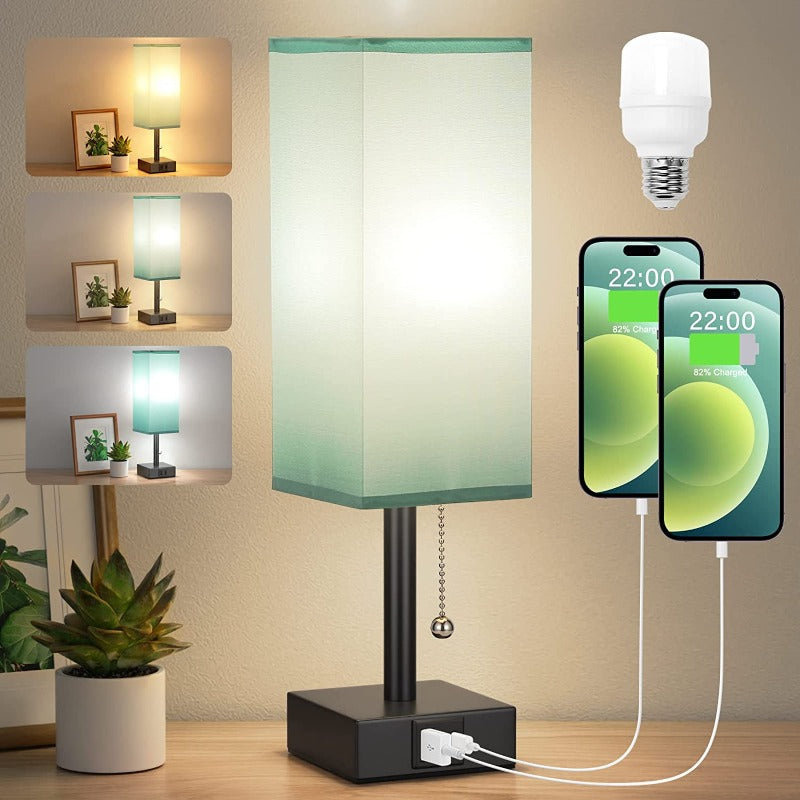 Table lamp with 3 brightness levels - 2700/3500/5000K Night light with USB ports and pull cord