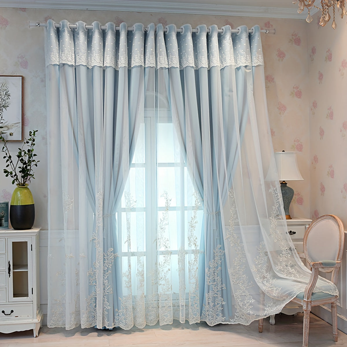2 Piezas Cortinas Bordadas de Hada Elfo - Paneles de Cortina Translúcidos con Tela Integrada y Anillas