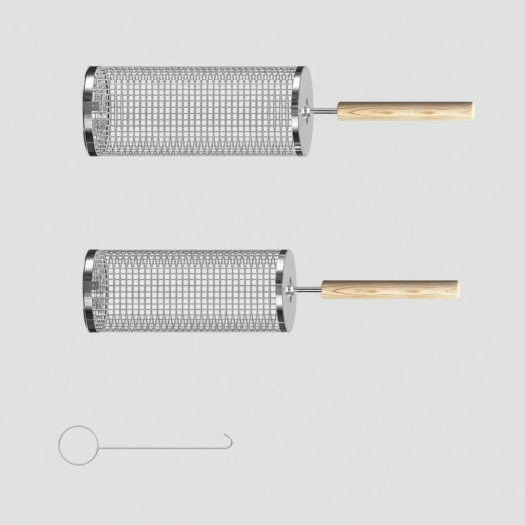 BBQ Grillmand 2 Pezzi Manici Legno Set