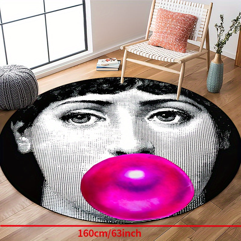 Tappeto Rotondo Donna che Soffia Bolle - Antiscivolo, Lavabile, Morbido Tappeto in Poliestere per Soggiorno, Camera da Letto, Ingresso, Patio e Giardino