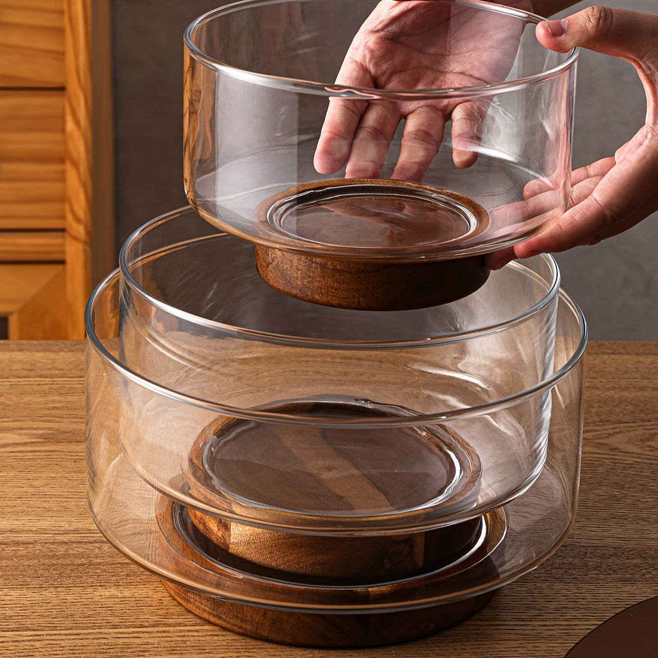 GlassServe-Fruteira - Fruteira de Vidro com Base de Madeira para Mesa de Cozinha