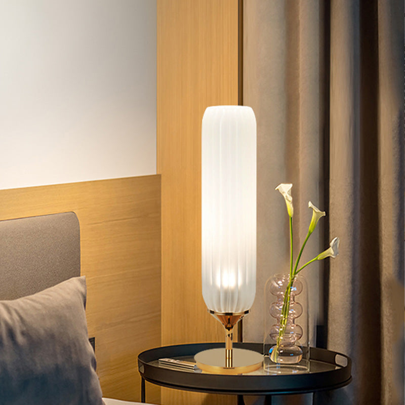 GoldCyl - Lampada da tavolo LED moderna con paralume in vetro rigato