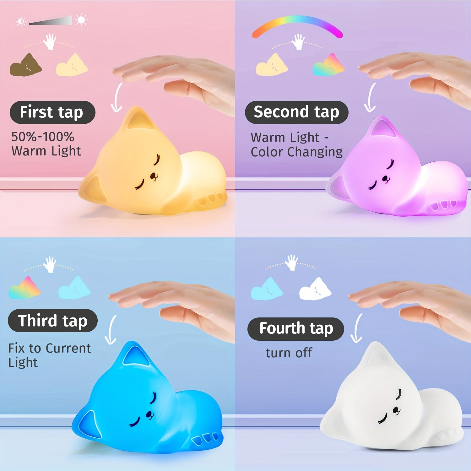KittyGlow - Cute Cat Night Light with Remote Control and USB Rechargeable Silicone Lamp